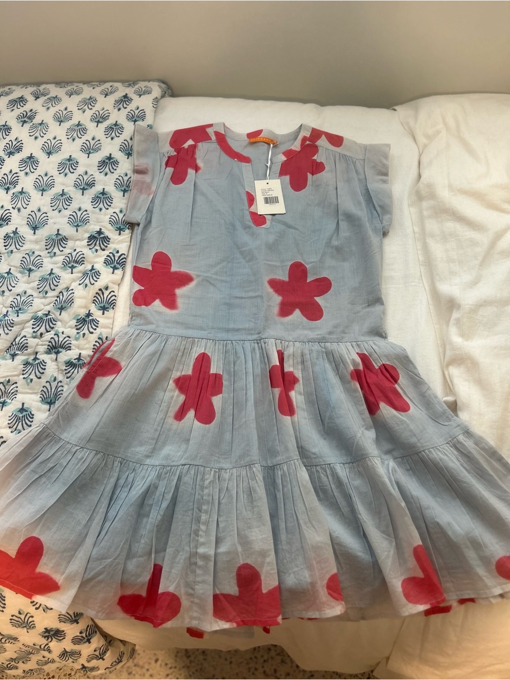 Womens Floral Print Tiered Dress - Pink on Light Blue